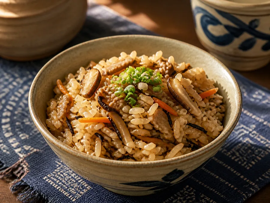 豚肉やひじきの入った沖縄風炊き込みご飯ジューシー