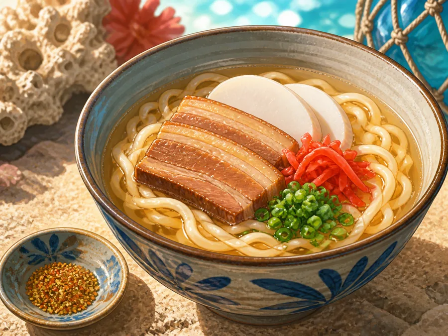 三枚肉とねぎをのせた沖縄そば